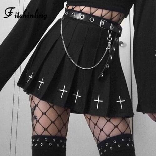 Fitshinling Gothic A Line Pleated Skirts Women Clothing 2020 Slim Sexy Mini Saia Femme Black Punk Grunge Cross High Waist Skirt