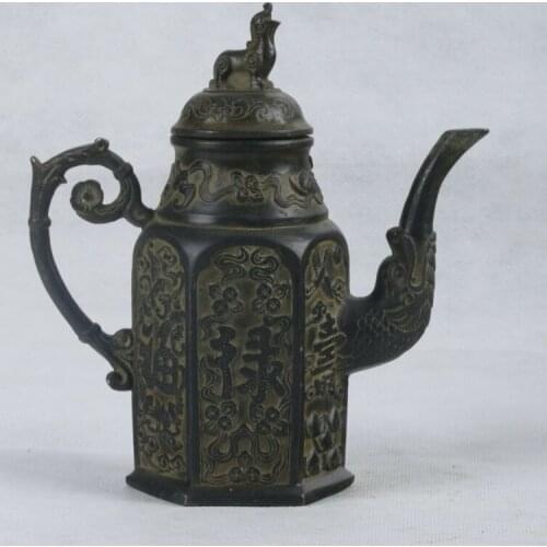 Old Chinese Bronze Handwork Carved Fu Lu Shou Teapot w QianLong Mark Z01