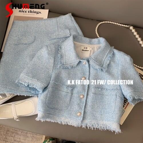 2021 Summer New Tweed Short Coat Top High Waist Sheath Skirt Two-Piece Set for Women