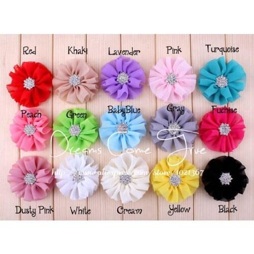 200pcs/lot 6.5CM 15Colors Fashion Artificial Chiffon Hair Flower With Bling Rhinestone Button For Baby Girls Hair Accessories