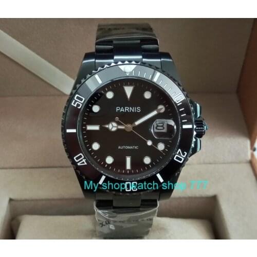 40mm PARNIS Sapphire Crystal 21 jewels Automatic machinery movement black rotateing Ceramic bezel PVD case luminous mens watch