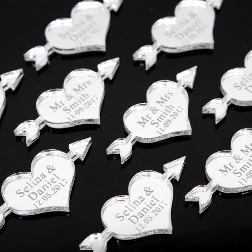 50Pcs Personalized Engraved Mr & Mrs Gold Silver Mirror Heart Decorations Anniversary Table Centerpieces Party Ornament Favors
