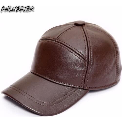 B-8650 Mens Genuine Leather Hat Warm Leather Hats Mens Cowhide Baseball Cap Male Outdoor Sunshade Leather Adjustable
