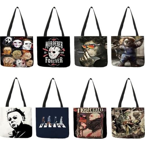 B01107 Halloween Handbags for Women Redesign Horror Movie Charcters Killers Print Shopping Bag School Friends Shoulder Bags