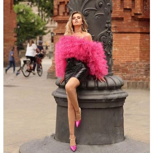 Fuchsia Tiered Puffy Blouse Sexy Ruffle Tulle Blouse Custom Fashion Casual Top Off Shoulder Any Size Any Color