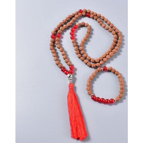 Buddhism 108 Mala Prayer Bead Necklace Rudraksha Japamala Necklace Women Men Hand Knotted Natural Stone Tassel Vintage Jewelry