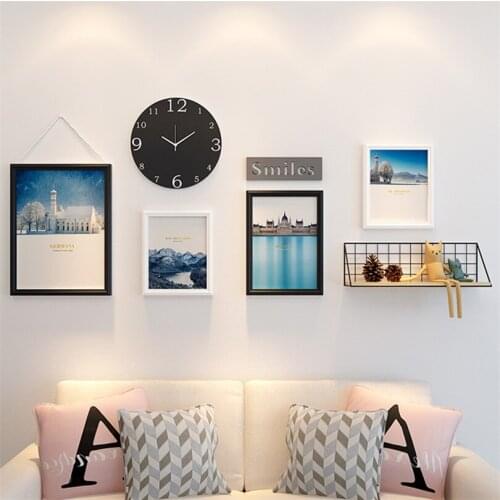 Black White Wood Photo Frame Set Vintage 4pcs Picture Frams+Black Clock+Shelf Wall Art Picture Frame Set Home Decor Cornice Foto