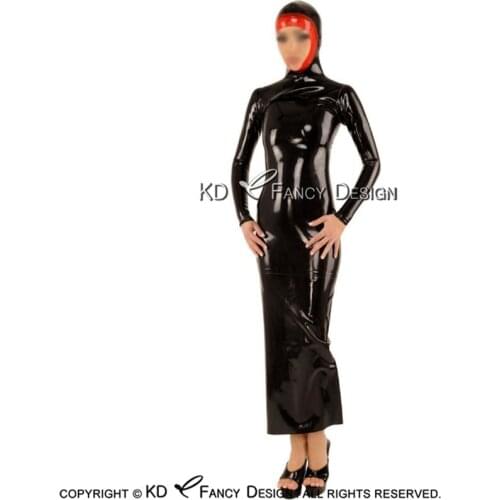 Black And Red Trims Sexy Latex Dress Aodai With Hoods Open Face Zipper Back Rubber Ao Dai Playsuit Bodycon LYQ-0150