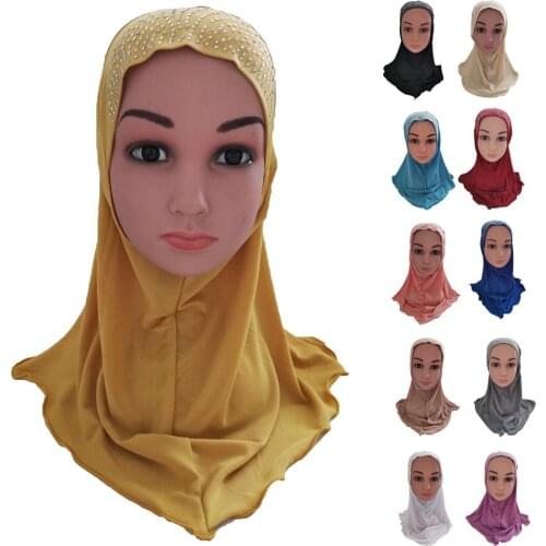 Kids Girls Islamic Muslim Rhinestone Hijab Flower Tassel Scarf Arab Headwear Headwarp Shawl Full Cover Headscarf Turban Fashion