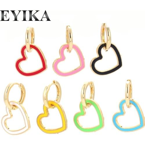 EYIKA 1 Piece Trendy Hollow Heart Small Hoop Earring With Charms Gold Color Polished Hoops Mix Color Enamel Circle Arete Jewelry