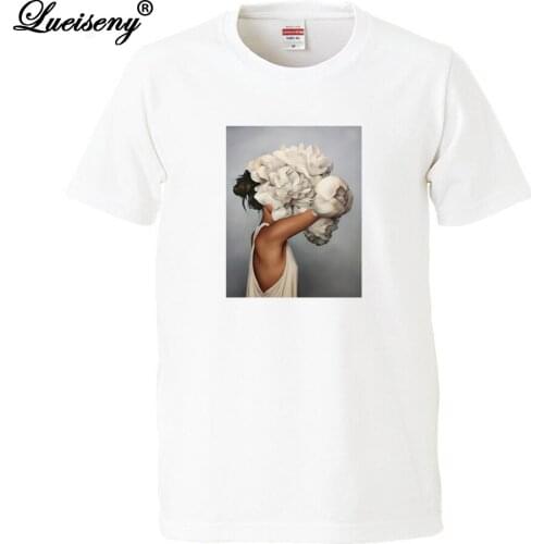 LUEISENY Cotton Harajuku Aesthetics Tshirt Women Flowers Feather Print Short Sleeve Tops Tees Fashion Casual T Shirt camisetas