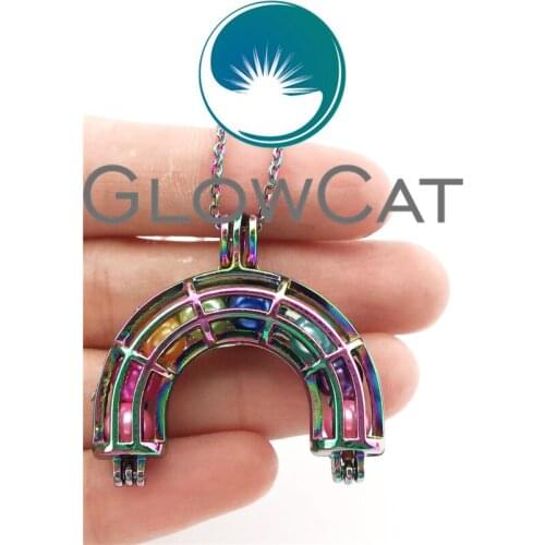 GLOWCAT C406 Rainbow Color Rainbow Beads Cage Essential Oil Diffuser Aromatherapy Pearl Cage Locket Necklace