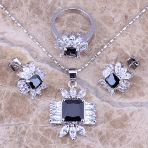 Gracious Black Cubic Zirconia White CZ Silver Plated Jewelry Sets Earrings Pendant Ring Size 6 / 7 / 8 / 9 / 10 S0110