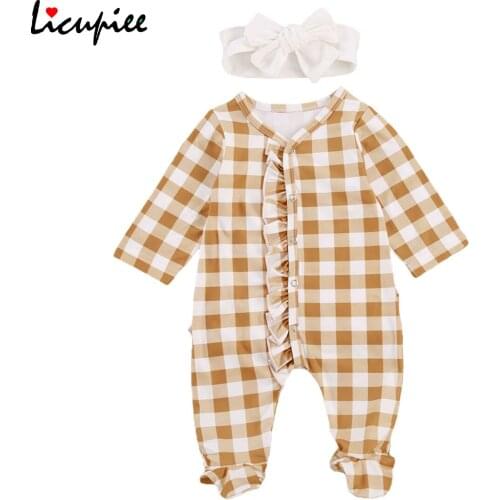 Plaid Full Sleeve Rompers Newborn Baby Girl Cute Footed Pajamas, Plaid Printed Ruffle Romper Jumpsuits Outfits 0-12 Months
