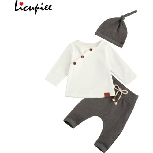 0-18 Months Baby Clothing Suit Retro Slant Buttons Long Sleeve Tops Laceup Pants Hat 3pcs Toddler Boy Girl Clothes