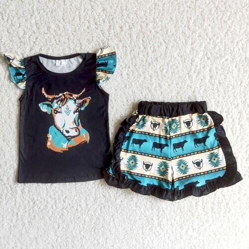 Girls Summer Clothes Cute Cow Pattern Outfit With Flutter Sleeve Children Boutique Clothing Set