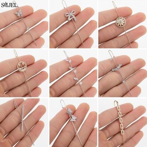 Multiple Crystal Ear Wrap Crawler Hook Earrings Wedding Jewelry Butterfly Hamsa Bowknot Smile Face Circle Earings Piercing 2021