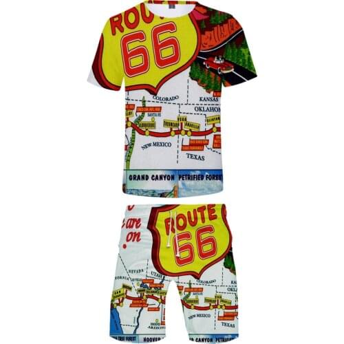 2021 Hot Sale route 66 Men/Women 2 Set Summer Popular Casual Fashion High Street T-shirt Shirt+Short Pants Sets