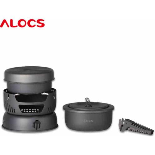 ALOCS 2-4 People Camping Cook Set With Alcohol Furnace Wind Cap Ultralight Hard Alumina Pot Outdoor Pan Camping Pans CW-C05