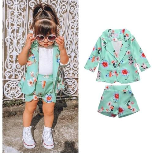 New Childrens Girls Floral Coat + Shorts Two-piece Suit Kids Suit Clothes Sets