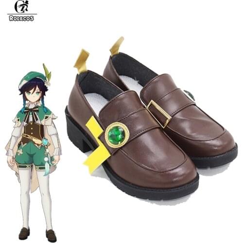 ROLECOS Game Genshin Impact Venti Cosplay Shoes Barbatos Leather High Heels Shoes Cosplay Halloween Brown Leather Shoes Cosplay