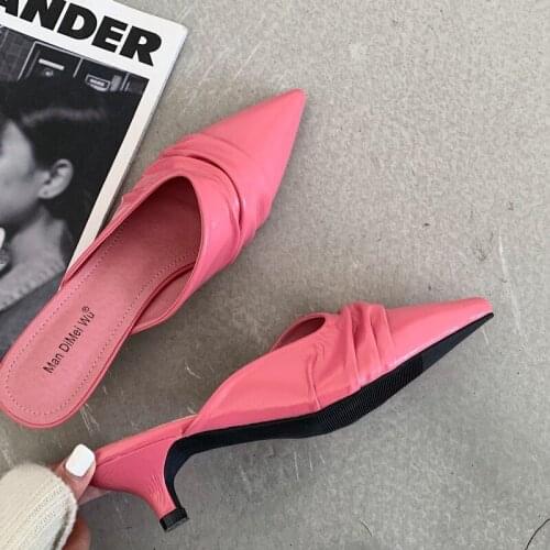 Japanned Leather mules pointed toe pleated slippers women sandals summer shoes woman flip flops thin heels cover toe slides 2021