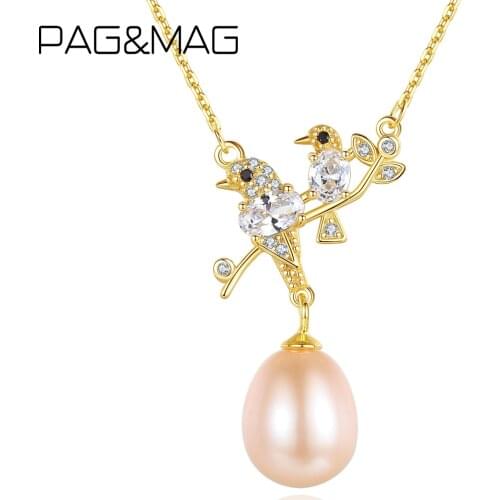 PAG&MAG Cute Birds Shape Natural Pearl Pendant Necklace for Women 925 Sterling Silver Fine Jewelry Wedding Engagment Choker