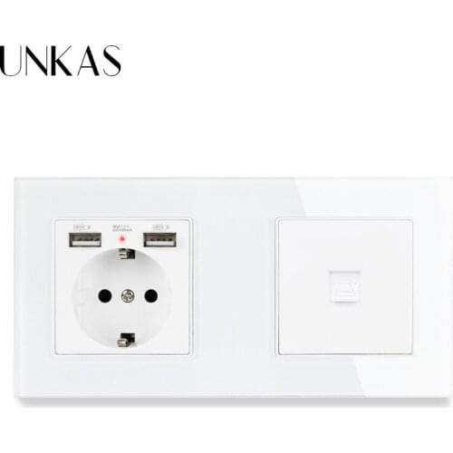 UNKAS Crystal Tempered Glass Panel EU Standard Electric Socket with 2 USB + 1 Gang RJ11 2 Core Telephone Connector 172*86mm