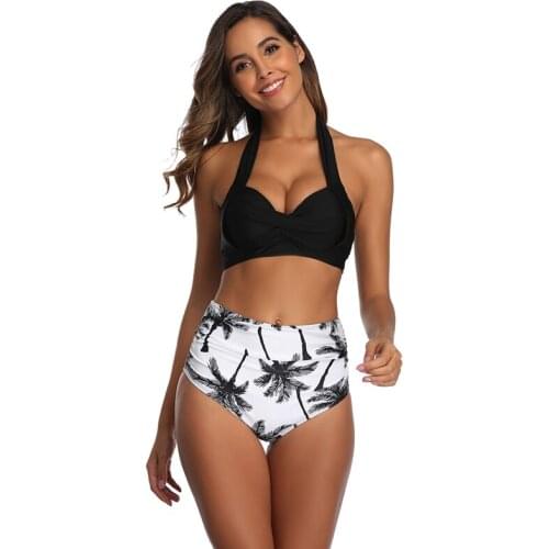 COMEMALL Sexy Bikini Swimsuit Women Swimwear Push Up Bikinis Set Leaf Print Female High Waist Swimming Suits for Bathing Suit