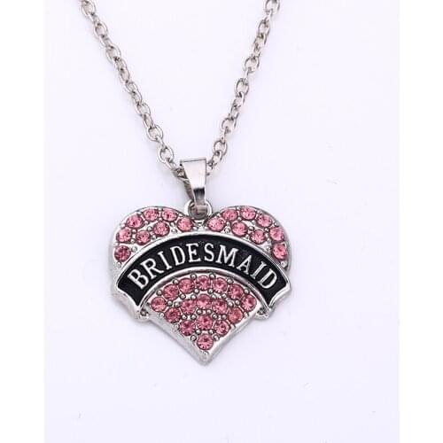Word Bridesmaid In Clear Crystal Heart Zinc Alloy Rhodium Plated Charm Pendant Link Chain Necklace