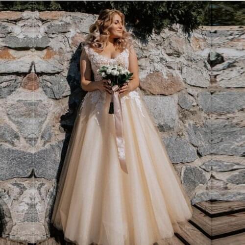 Champagne Wedding Dress 2021 Lace Appliques Wedding Gowns Tulle Bridal Dresses Sleeveless vestido de noiva Free Shipping