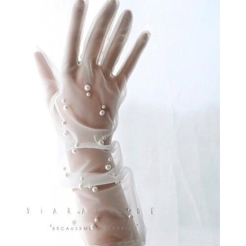 2020 Bridal Gloves Transparent Full Finger Elbow Long Wedding Party Photography Thin Ultra Pearls Beaded