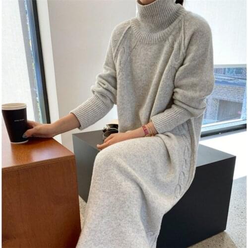 Warm Korean Solid New Thick Woman Turtleneck Sweater Dress Women Winter 2021 Autumn Knitted Jumper Dresses Pollover Casual Grey