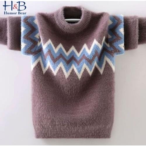 Humor Bear Teenager Knitted Sweater 2021 Winter Autumn Long Sleeve Warm Soft Round-Collar Striped Printed Kids Top