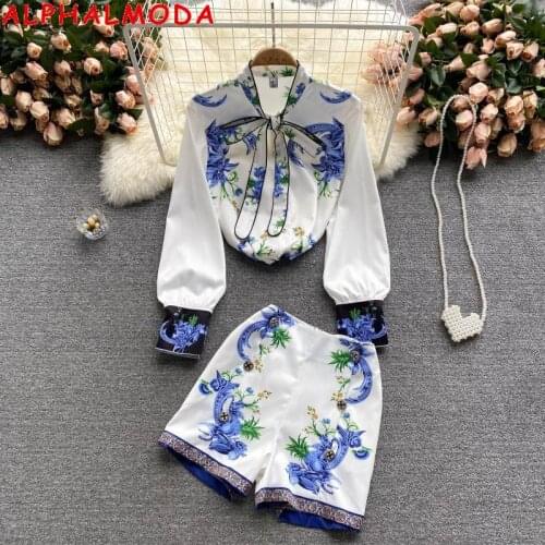 ALPHALMODA Lace Up Bow Collar Printed Long-sleeved Classical Shirt + Shorts Women Trendy 2pcs Clothes Suit 2021 Autumn New