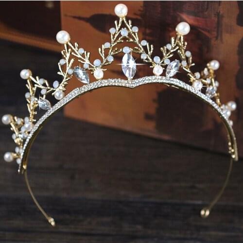 Vintage Gold Crystal Bride Tiara Crown Pearl Queen Hair Jewelry Women Wedding Crown Headpiece Wedding Hair Accessories Wholesale