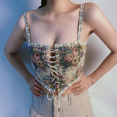 2021 Fashion French Style Vintage Print Corset Women Bustier Sleeveless Hollow Out Bandage Skinny Retro Sexy Camis Tank Crop Top