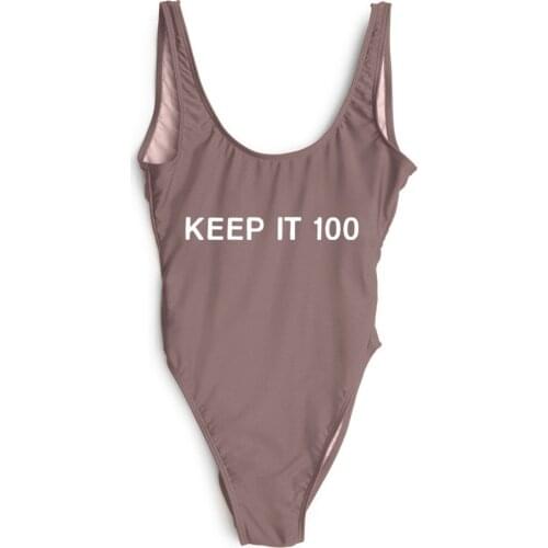 Funny bodysuits KEEP IT 100 letter print high waist mesh bodysuit women swimwear sexy one piece monokini bathing suit jumpsuit