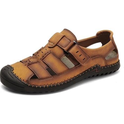 2020 Summer Mens Shoes Handmade Classic Leather Sandals Men Walking Beach Sandals Male Casual Shoes Man Flats Plus Size