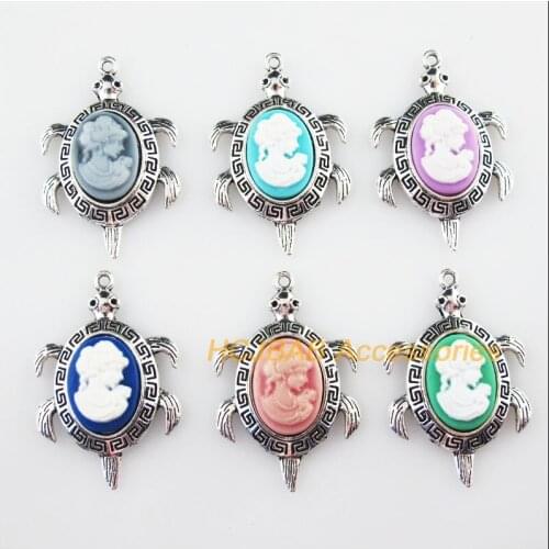 6 New Tortoise Beauty Mixed Resin Charms Tibetan Silver Tone Pendants 27.5x42mm