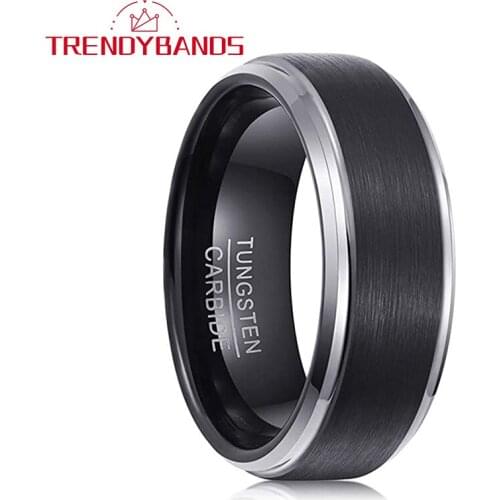 8MM Black Mens Womens Tungsten Carbide Rings Wedding Band Stepped Beveled Edges Brushed Finish Comfort Fit