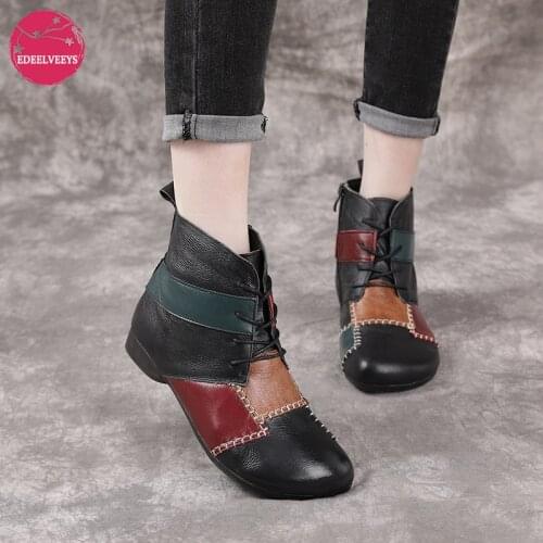 Womens Cowhide Leather Ankle Zip Up Bootie Boot Handmade Patchwork Colorblock Martin Shoes Autumn Winter Casual Fashion