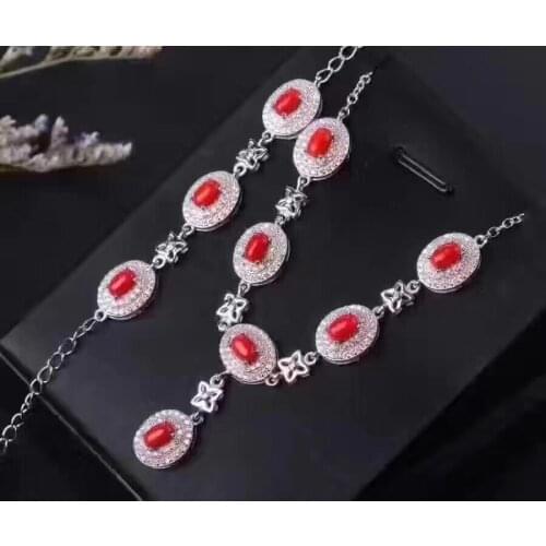 Natural red coral gem Bracelet Necklace Natural Gemstone Jewelry Set 925 Silver Elegant Clover round wedding girl gift jewelry