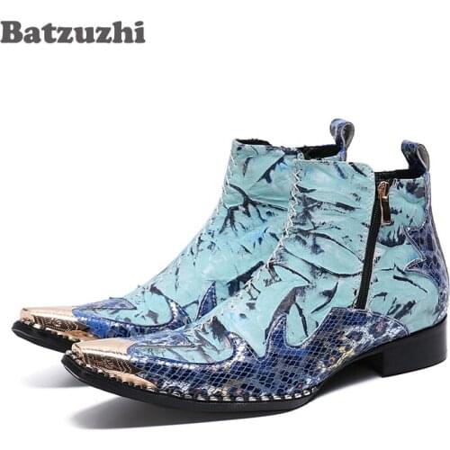 Batzuzhi Brand Men Shoes Pointed Metal Toe Genuine Leather Boots Ankle Designers Footwear for Men Party Wedding botas hombre
