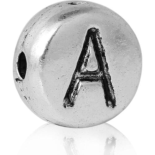 Doreen Box Spacer Beads Round Silver Color Letter "A" Pattern Carved About 7mm(2/8")Dia,Hole:Approx 1.2mm,100 PCs 2015 new