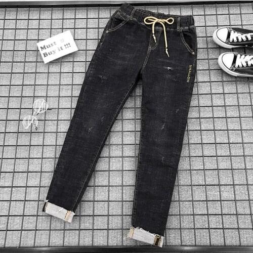 Hoge Taille Manchetten Skinny Jeans Vrouw Elastische Taille Lace Up Panelled Letters Rechte Broek Vrouwelijke Plus Size Enkellan