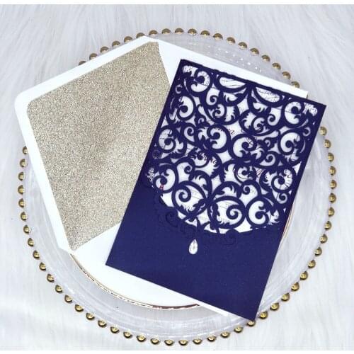 50X Elegant Navy Blue Laser Cut Wedding Invitation Card with Diamond Shiny Personalized Printing Invitations for Quiceanera