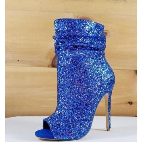 Elegant Blue Glitter High Heels Ankle Boots Peep Toe Bling Bling Sequin Women Short Boots Plus Size Banquet Dress Shoes