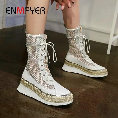 ENMAYER 2020 Genuine Leather Mesh (Air Mesh) Lace-Up Basic Mid-Calf Boots Round Toe Round Toe Patchwork Shoes Woman Size 34-39