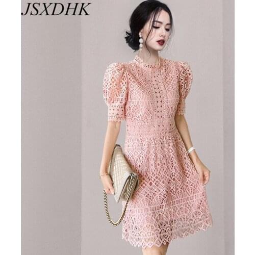 JSXDHK Korean Fashion Designer Summer Pink Lace Dress Elegant Women Stand Collar Puff Sleeve Hollow Out Female Hook Floral Dress